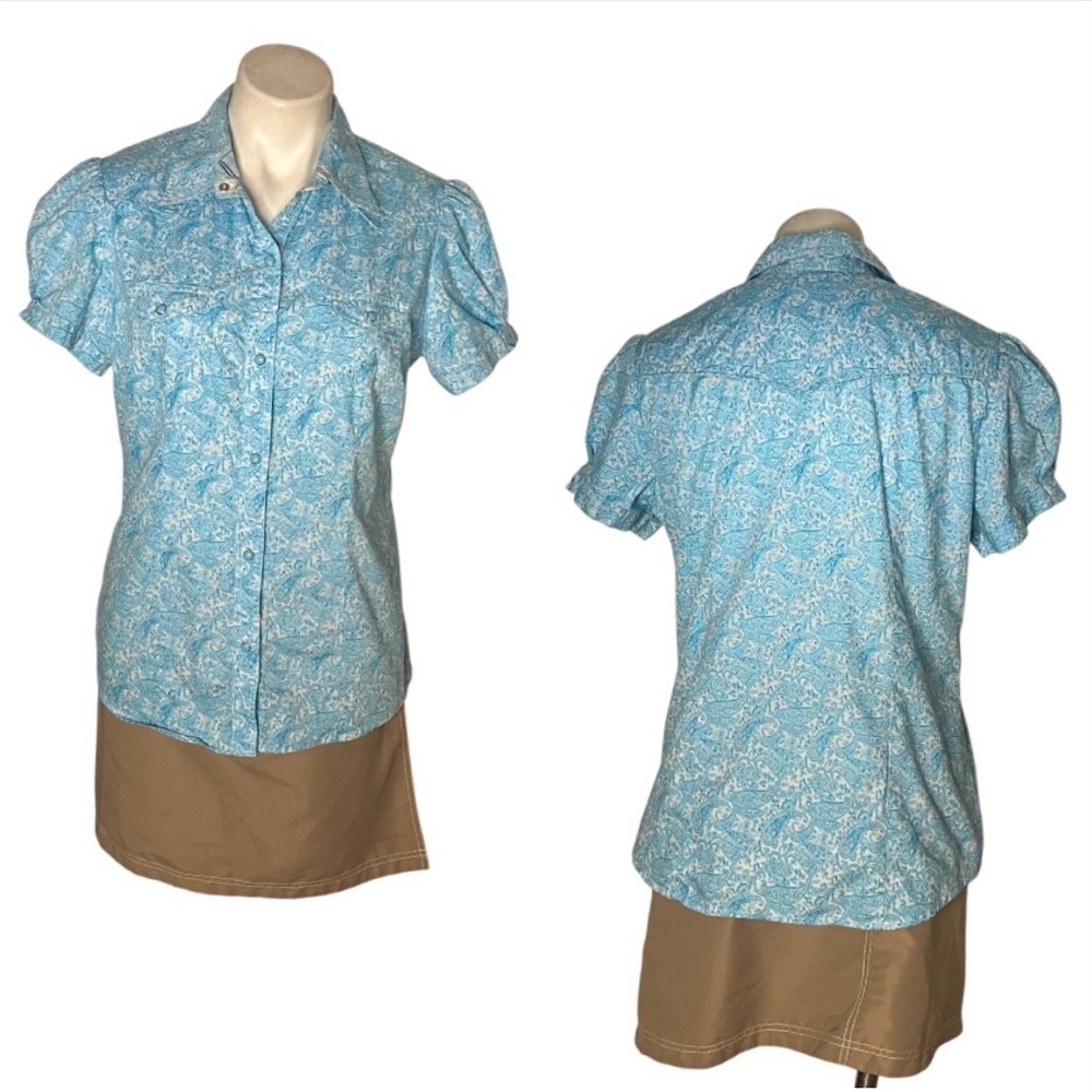 ROPER Blue Western Blouse Pearl Snaps Short Puff Sleeves Paisley Size Large - Picture 10 of 10